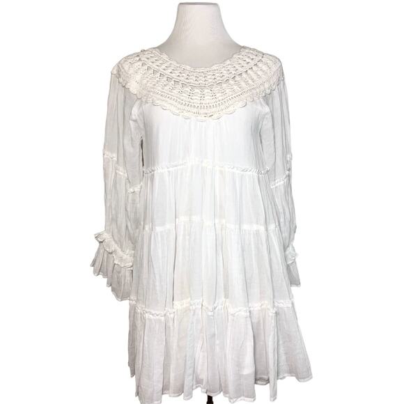 Free People Dresses & Skirts - Free People Crochet Boat Neck Long Sleeve Tiered Flowy Boho Dress White Small